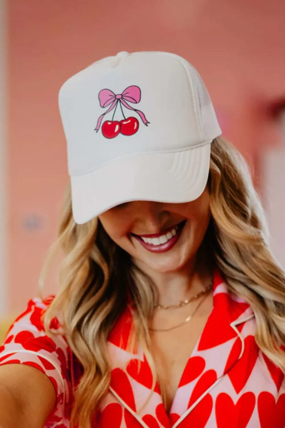Cherry Bow Foam Trucker Hat for Women in White | KDC-TCFM-1125-WHT