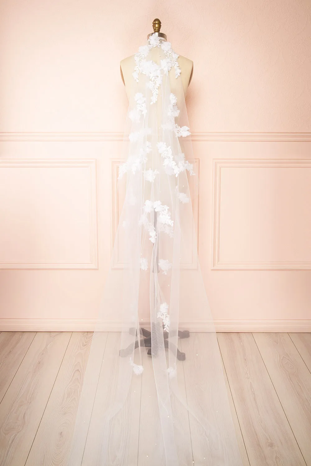 Cortege |  White Tulle Wedding Veil w/ Floral Appliqués