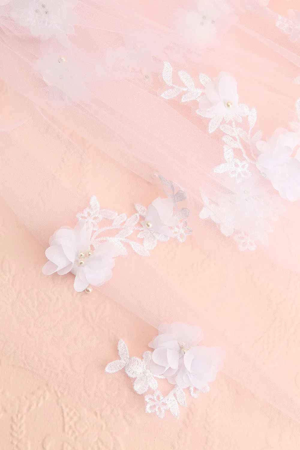 Cortege |  White Tulle Wedding Veil w/ Floral Appliqués