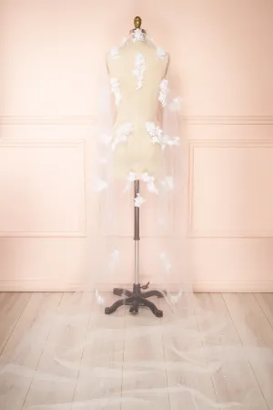 Cortege |  White Tulle Wedding Veil w/ Floral Appliqués