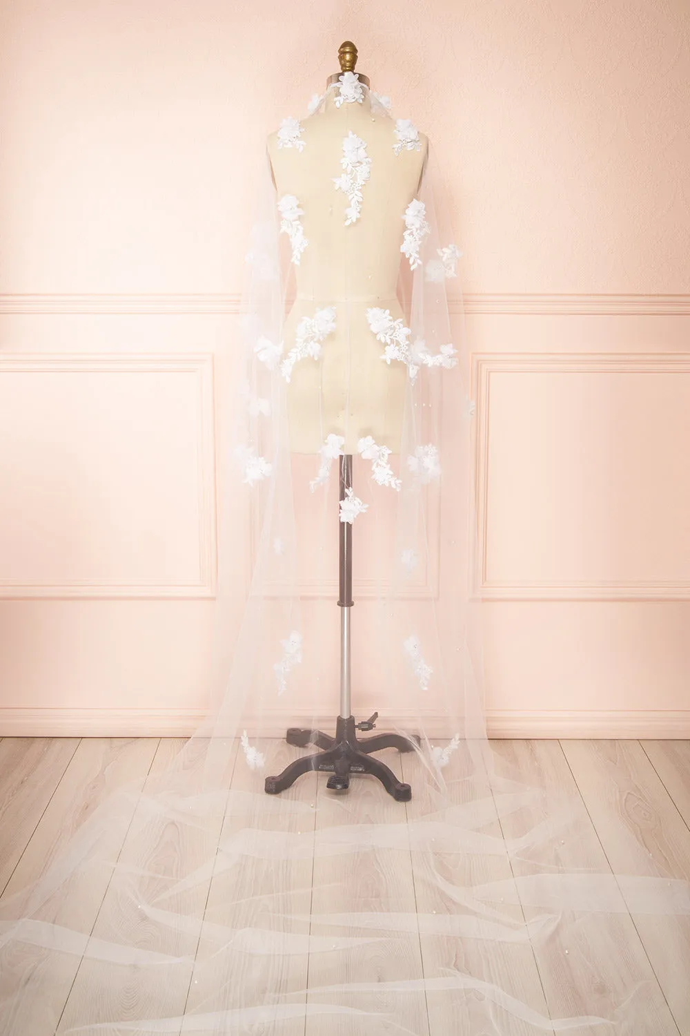 Cortege |  White Tulle Wedding Veil w/ Floral Appliqués