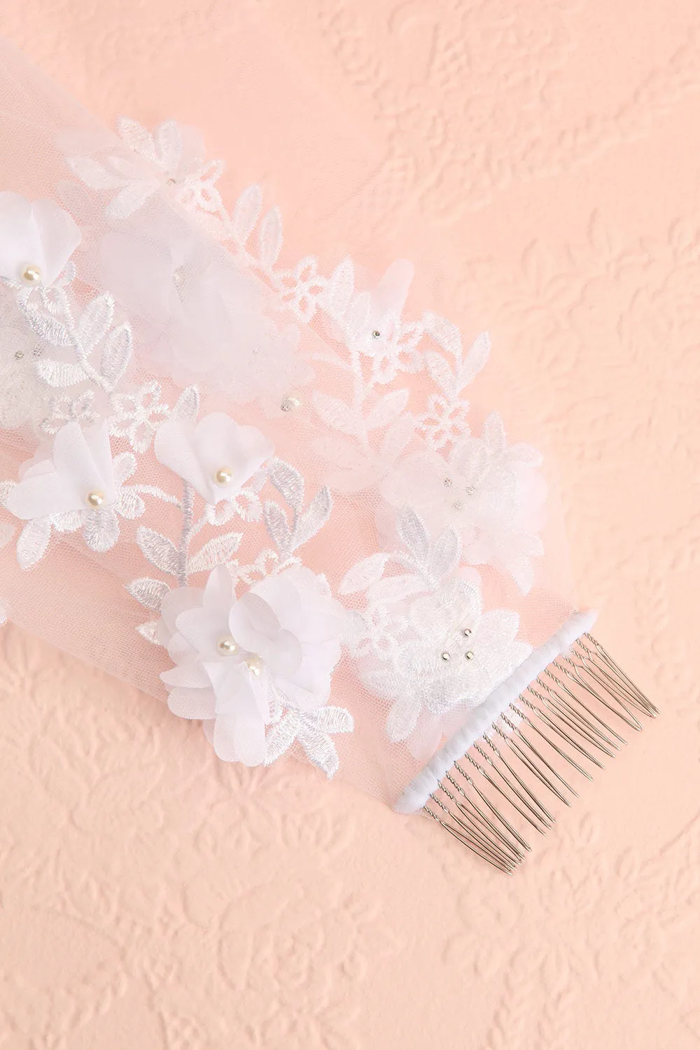 Cortege |  White Tulle Wedding Veil w/ Floral Appliqués