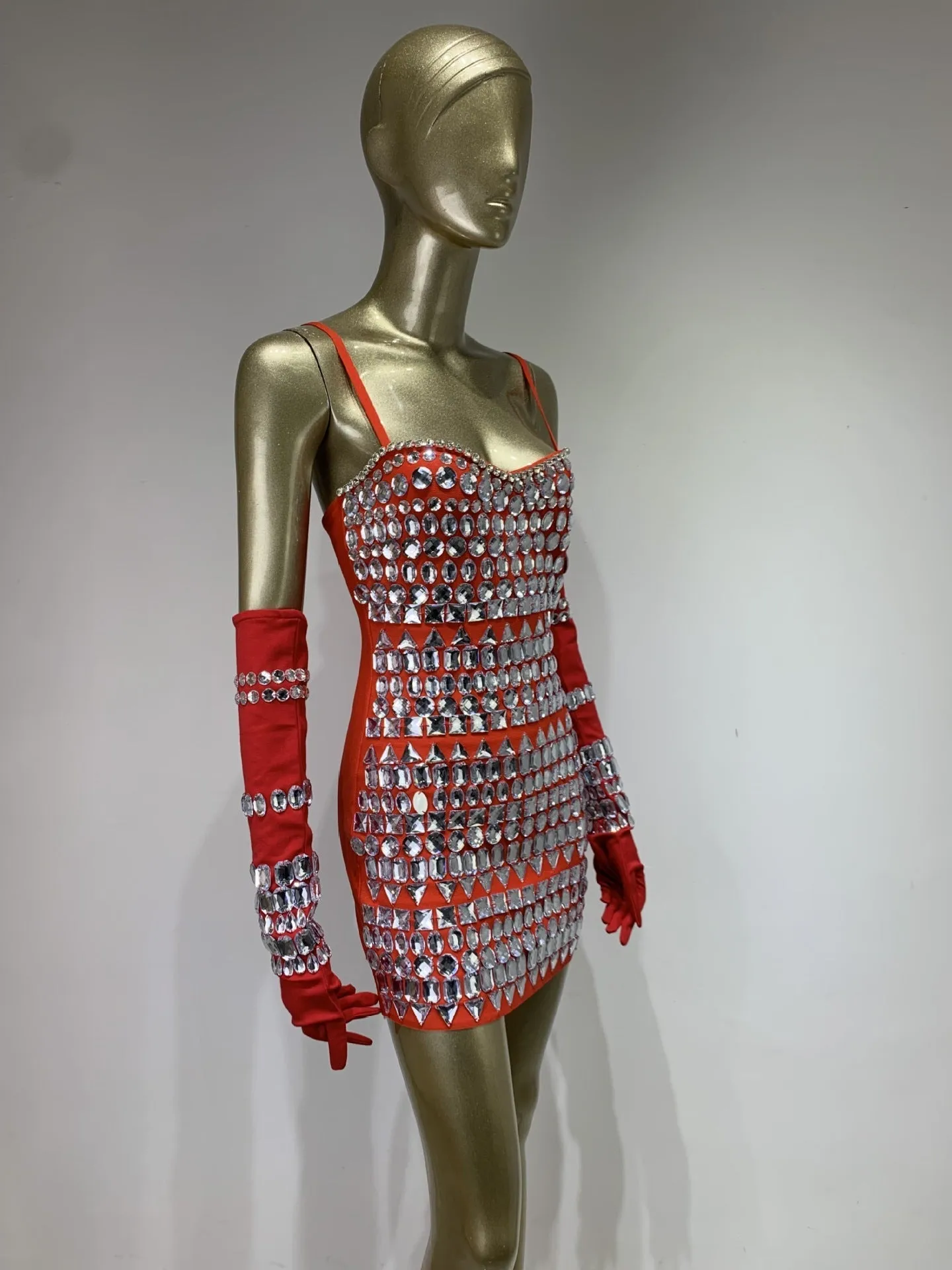 CRYSTAL EMBELLISHED BANDAGE DRESS WITH GLOVES IN RED Gloria Lanvin
