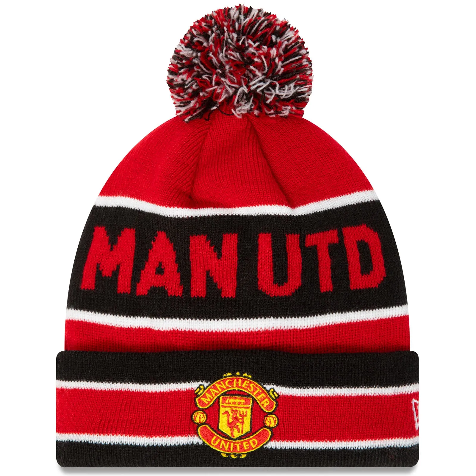 New Era Manchester United Striped Bobble Beanie Hat - Red