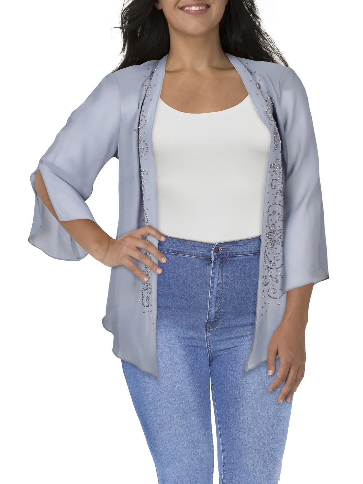 Plus Womens Chiffon Embellished Topper Jacket