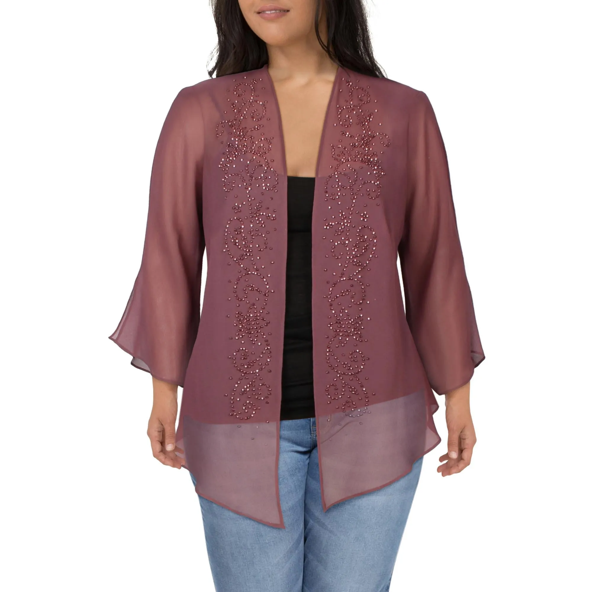 Plus Womens Chiffon Embellished Topper Jacket