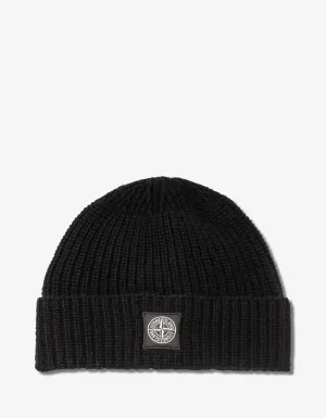 Stone Island Black Logo Patch Wool Beanie Hat