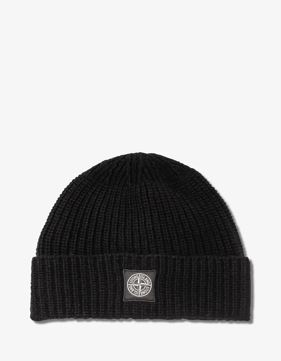 Stone Island Black Logo Patch Wool Beanie Hat