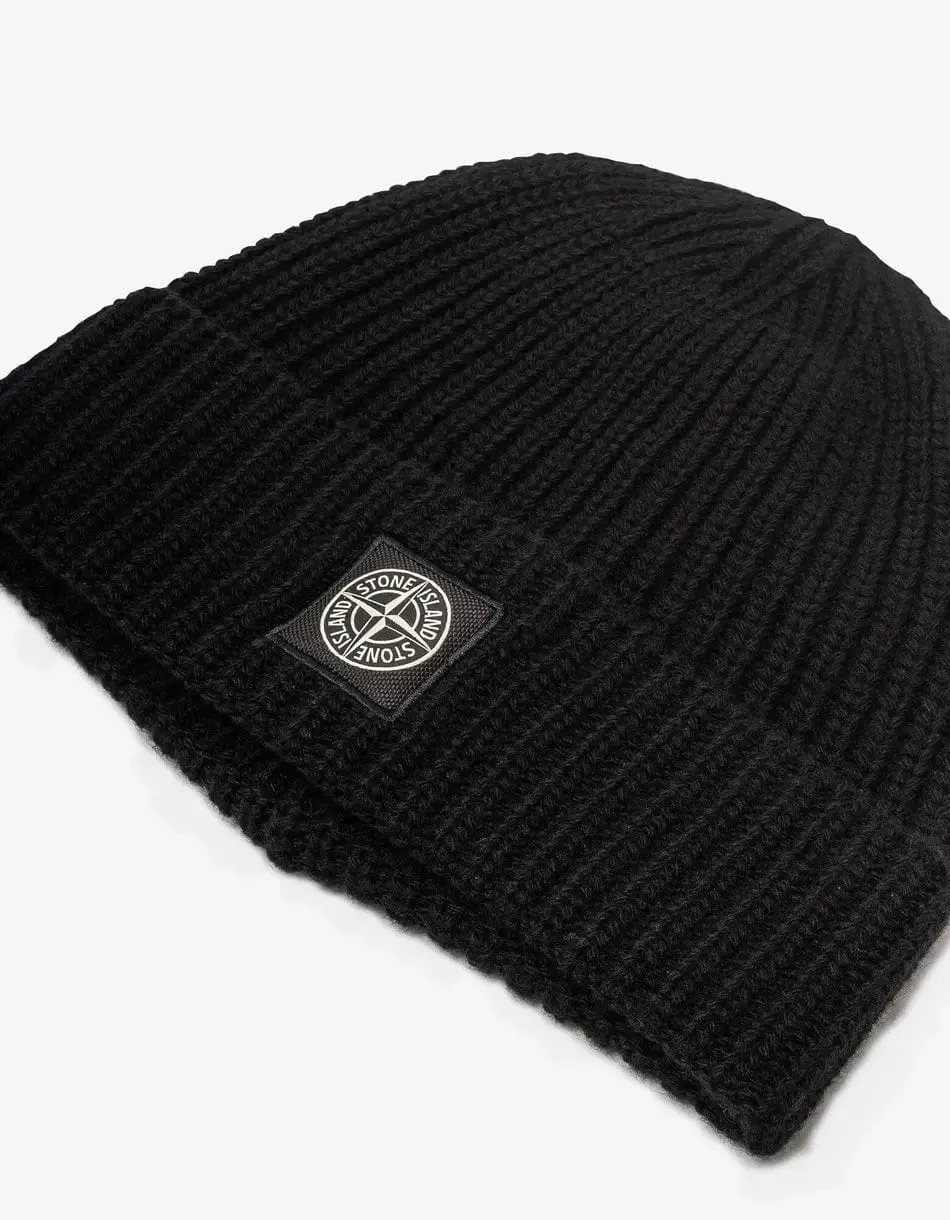 Stone Island Black Logo Patch Wool Beanie Hat