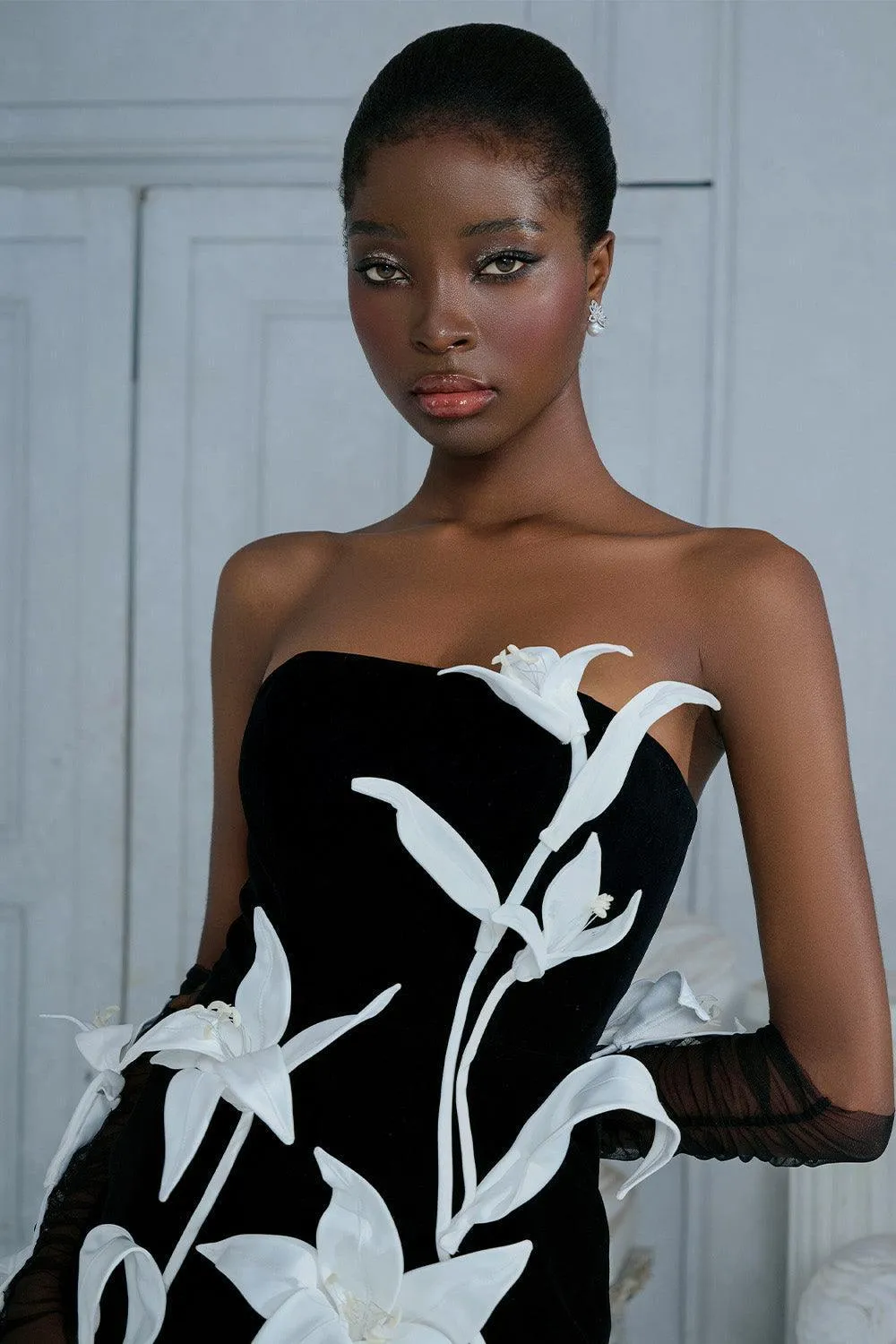 Tulip Flower A-line Straight Across Neck Velvet Mini Dress Gloria Lanvin