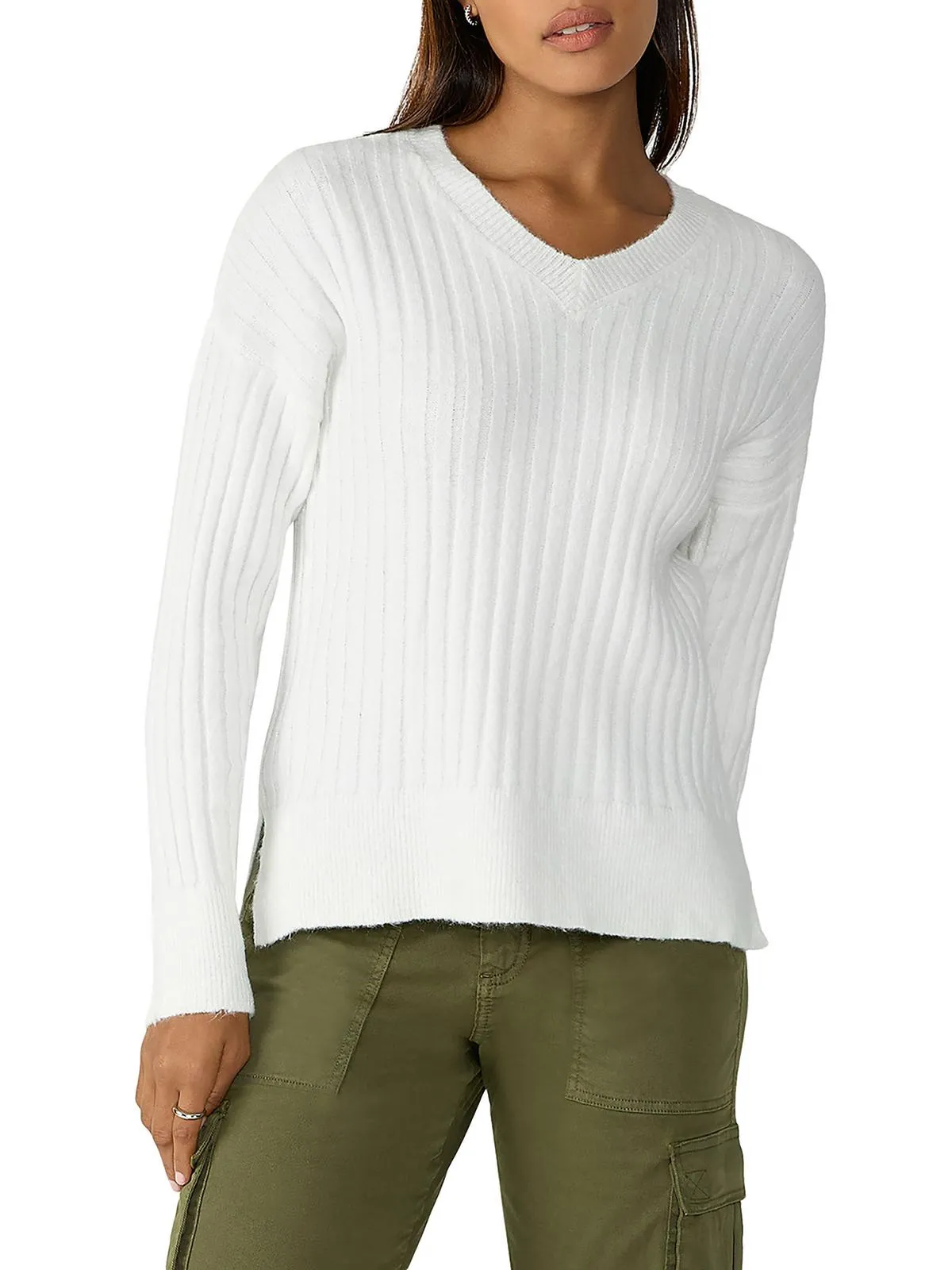 Womens Ribbed V-Neck Pullover Sweater