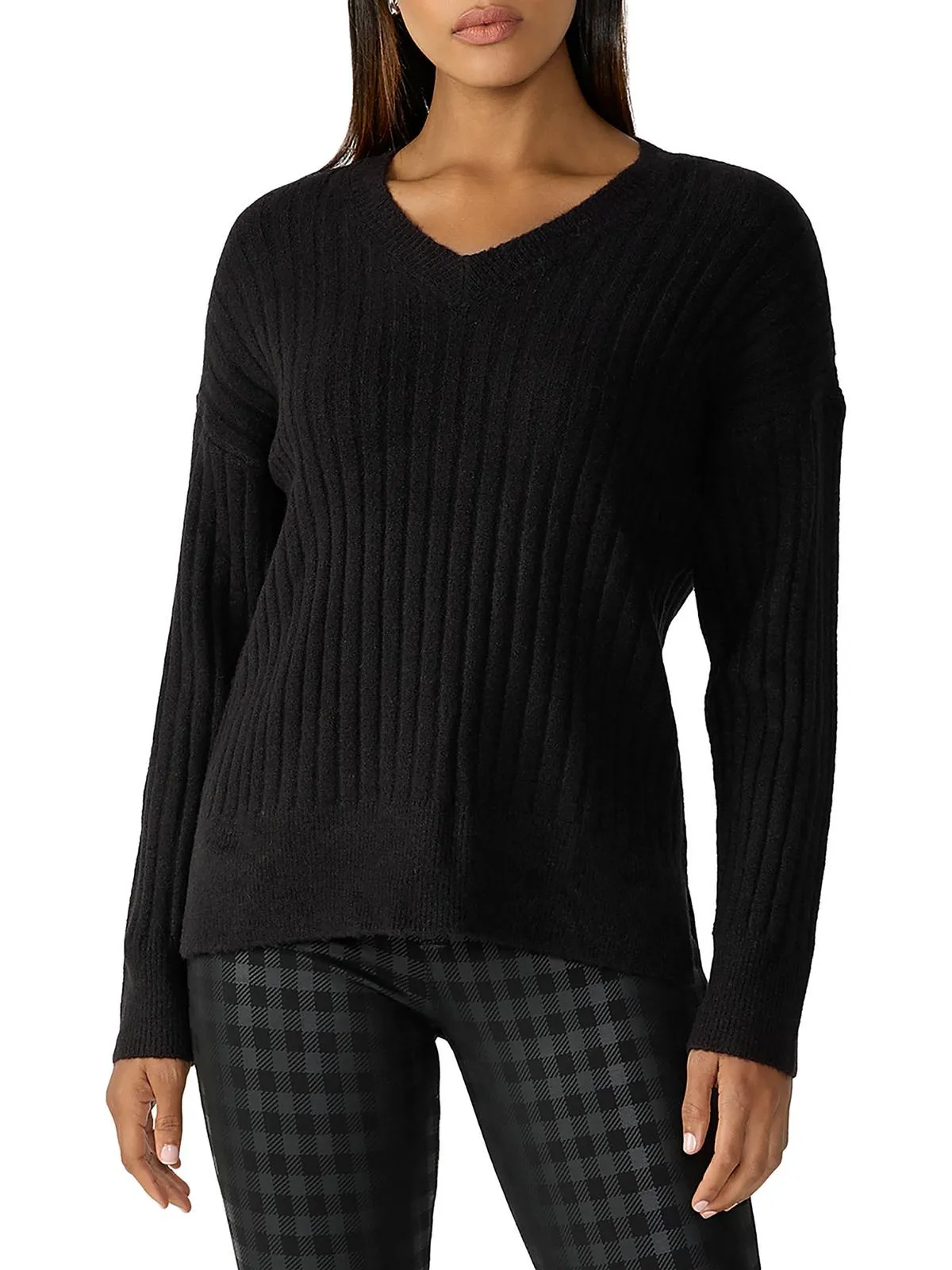 Womens Ribbed V-Neck Pullover Sweater