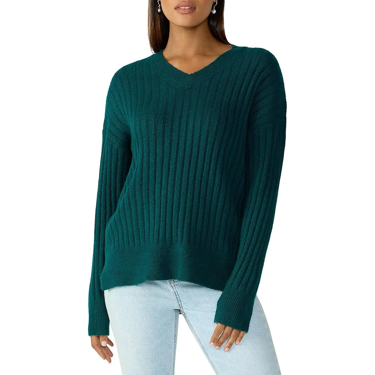Womens Ribbed V-Neck Pullover Sweater
