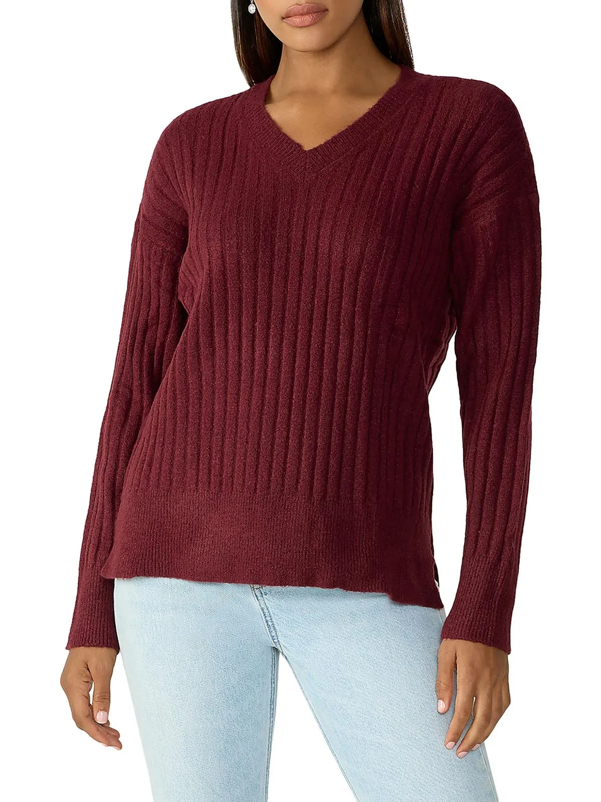 Womens Ribbed V-Neck Pullover Sweater